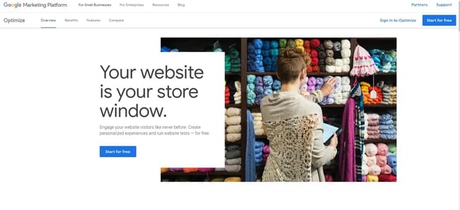 ux tools: google optimize homepage 