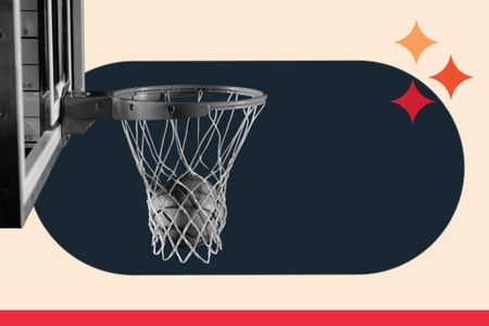 March Madness represented by a basketball going into a basketball hoop