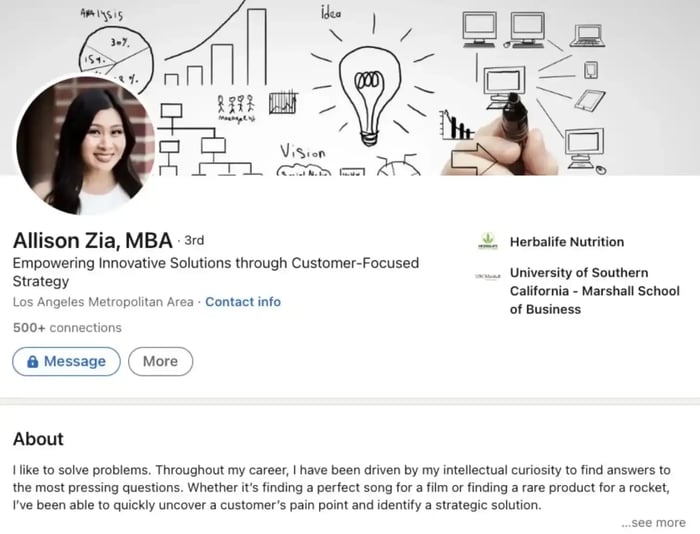 LinkedIn summary example: Allison Zia