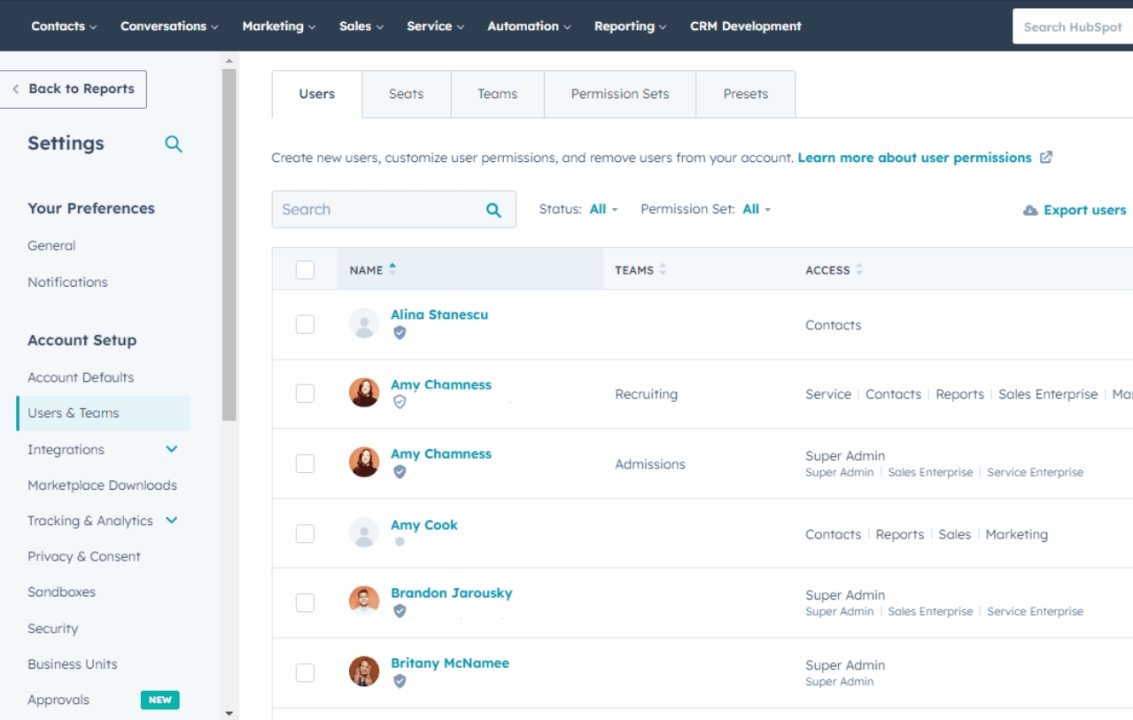 hubspot user permissions tool dashboard